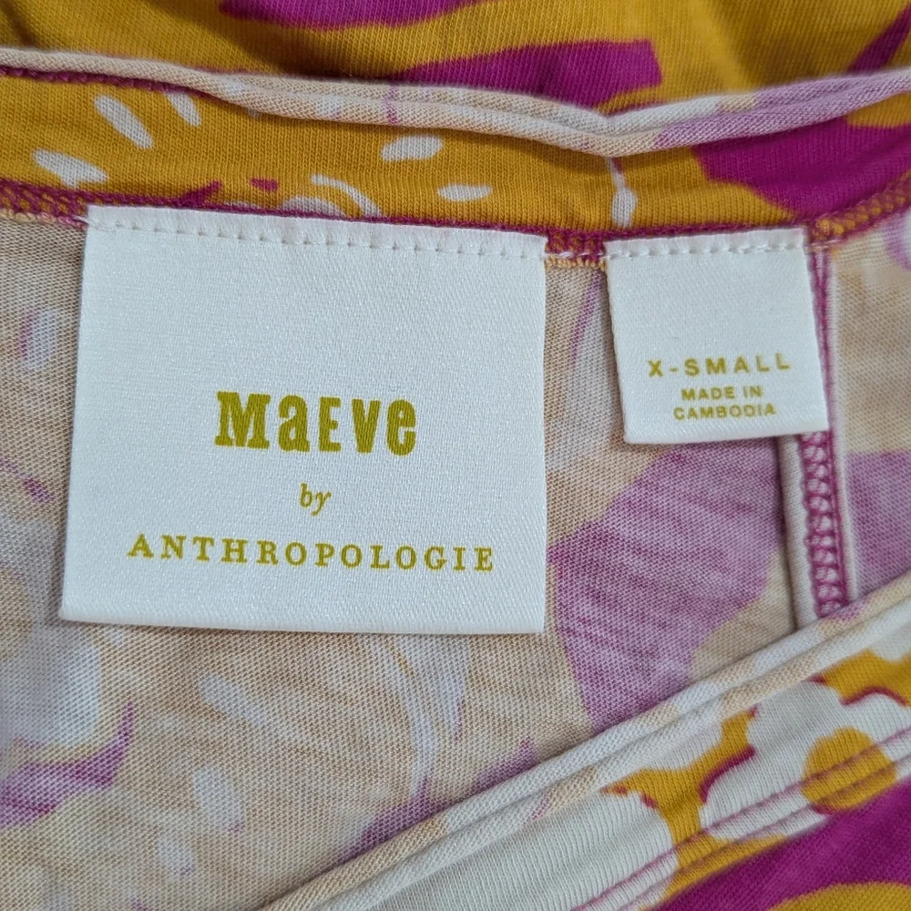 Maeve Anthropologie Pink Yellow Floral Printed Ruffle Short Sleeve Top Size XS - Picture 3 of 8